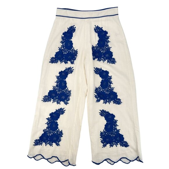 Lalavon Womens Viscose Linen Blend White & Blue Embroidered Wide-Leg Pants S - Picture 1 of 10